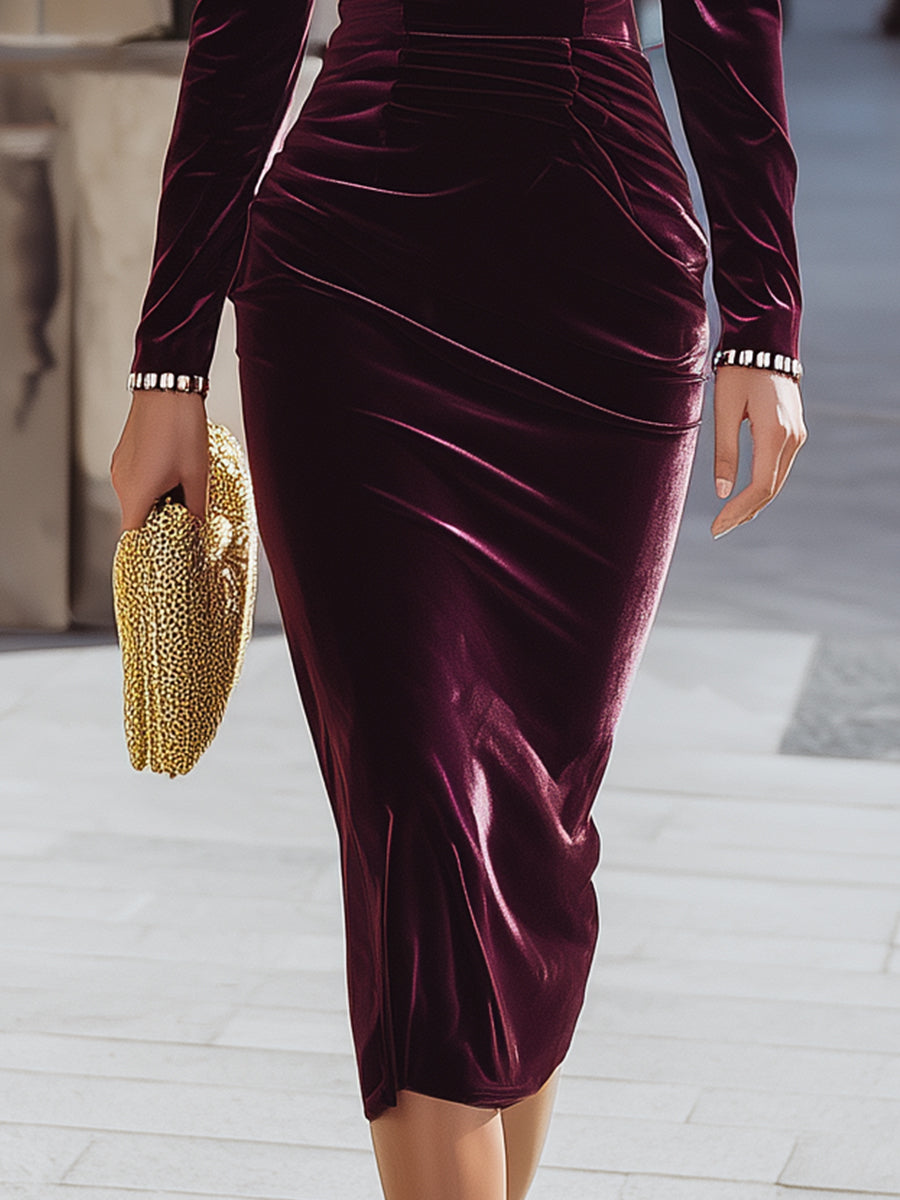 Velvet Burgundy Midi Dress With Crystal-Trimmed V-Neckline