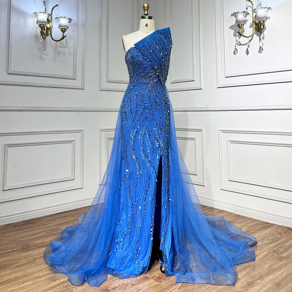 Strapless Evening Dress with High Split, Beaded Elegance