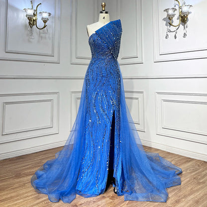 Strapless Evening Dress with High Split, Beaded Elegance