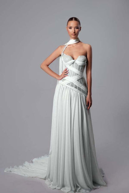 Lussooy Elegant Sleeveless Sweetheart Chiffon Pleated Prom Dress with Shawl