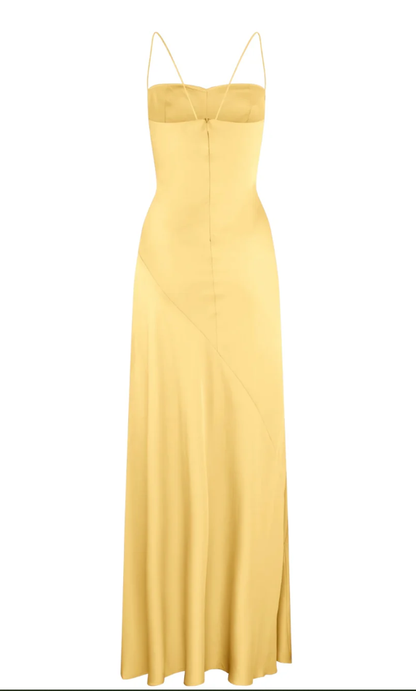 Sexy A line Spaghetti Straps Yellow Party Dress Slit Prom Dress