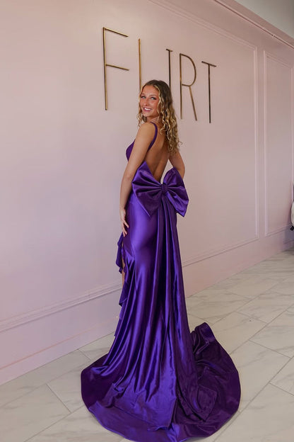 Cute Mermaid Sweetheart Purple Satin Long Prom Dress with Bow