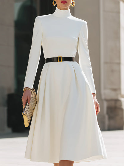 White High-Neck A-Line Midi Dress With Black Belt