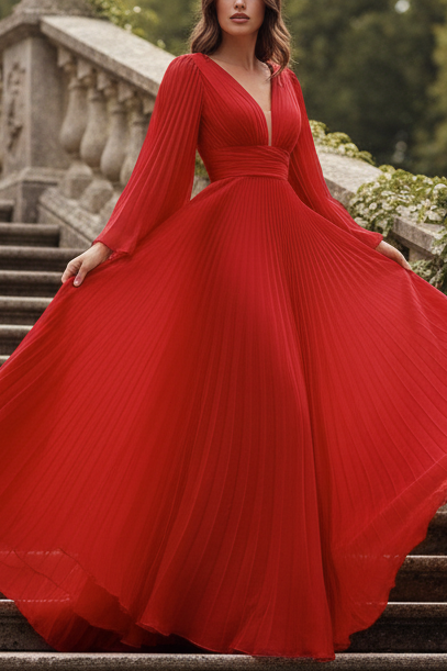 V-Neck Long Bell-Sleeve Pleated Long Formal Dress