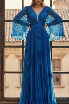 V-Neck Long Bell-Sleeve Pleated Long Formal Dress