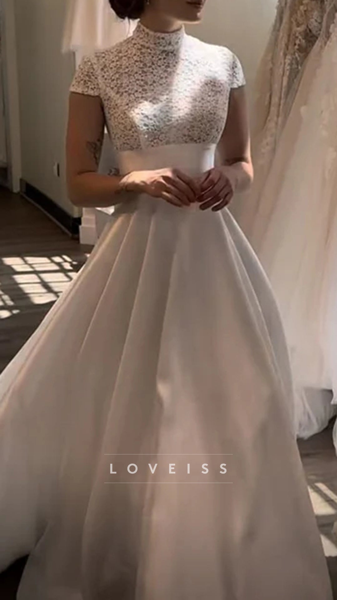 High Neck Cap Sleeves Lace Satin A-Line Wedding Dress