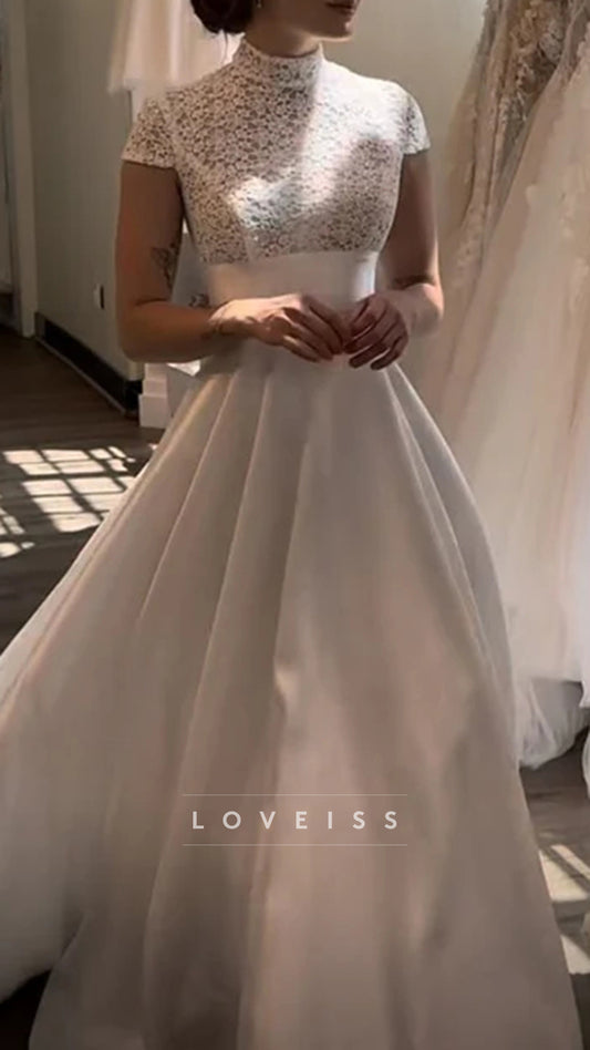 High Neck Cap Sleeves Lace Satin A-Line Wedding Dress
