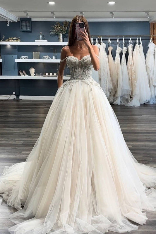 Fairy Ball Gown Off the Shoulder Tulle Wedding Dresses with Appliques