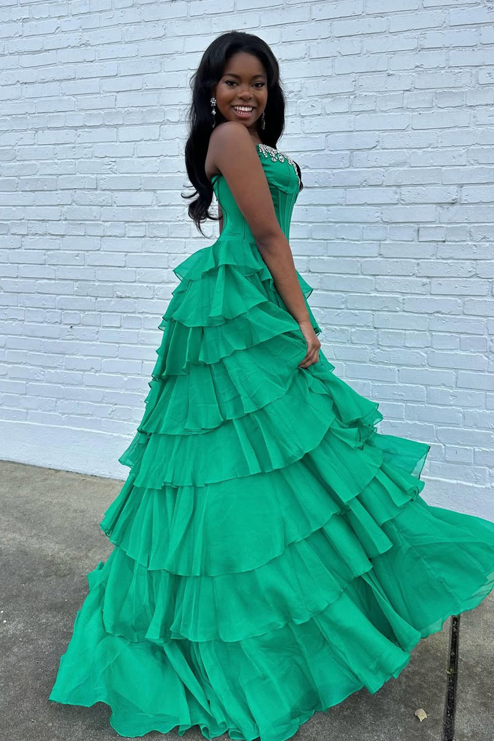 Cute Scoop Neck Green Chiffon Tiered Prom Dress with Beading