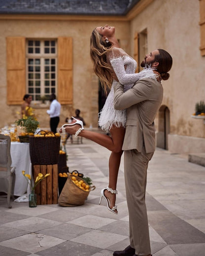 Beaded and sparkly feather mini dress. Custom short wedding dress, tailored to bride's measurements.