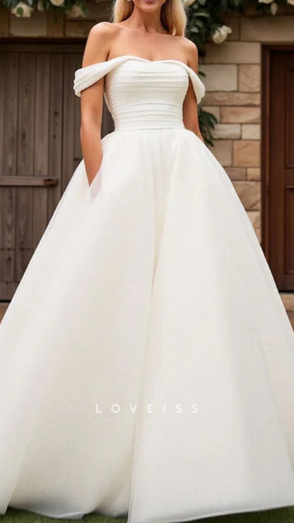 A Line Off The Shoulder Tulle Wedding Dress Pleated
