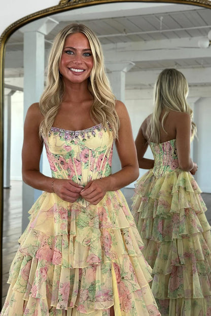 Pink Floral Printed Chiffon Strapless Corset Ruffle Tiered Long Prom Dresses with Beading