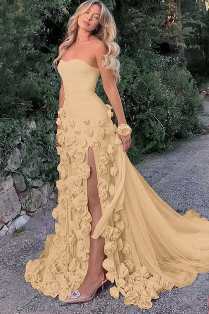 Lussooy Satin Beautiful Blushing Pink Sleeveless Strapless Long Split Prom Dress with Ruffles