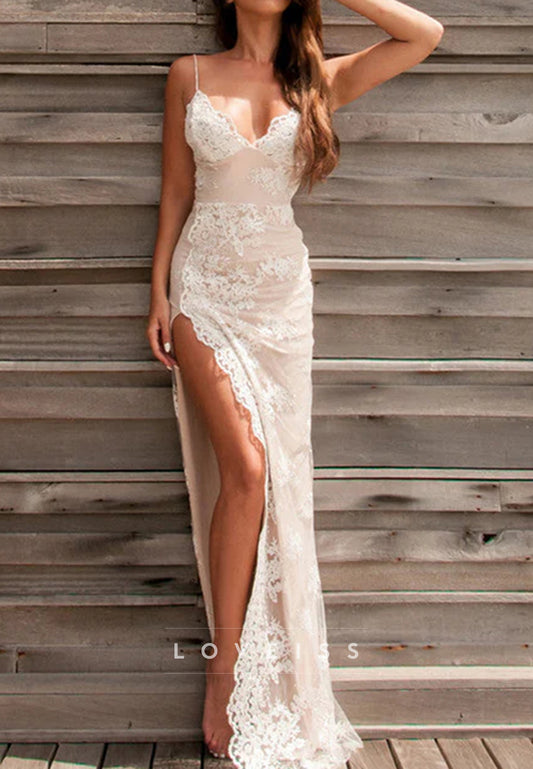 Chic Long Column Straps Lace Backless Prom Dress with Slit