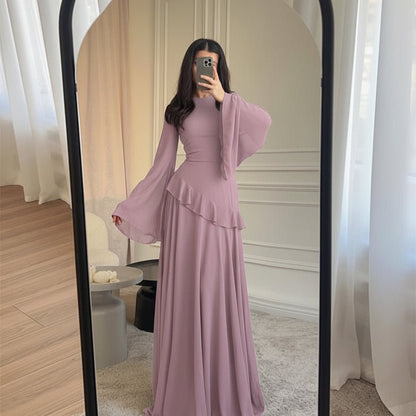 Chiffon Ruffle Gown with Tie-Back | Bell Sleeve Tiered Maxi Dress(MS227)