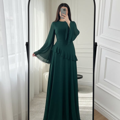 Chiffon Ruffle Gown with Tie-Back | Bell Sleeve Tiered Maxi Dress(MS227)