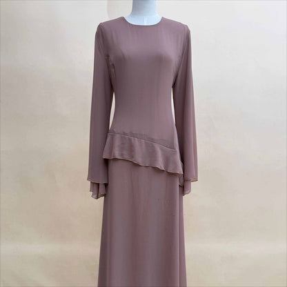 Chiffon Ruffle Gown with Tie-Back | Bell Sleeve Tiered Maxi Dress(MS227)