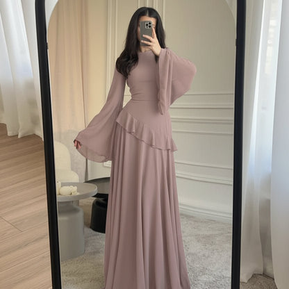 Chiffon Ruffle Gown with Tie-Back | Bell Sleeve Tiered Maxi Dress(MS227)