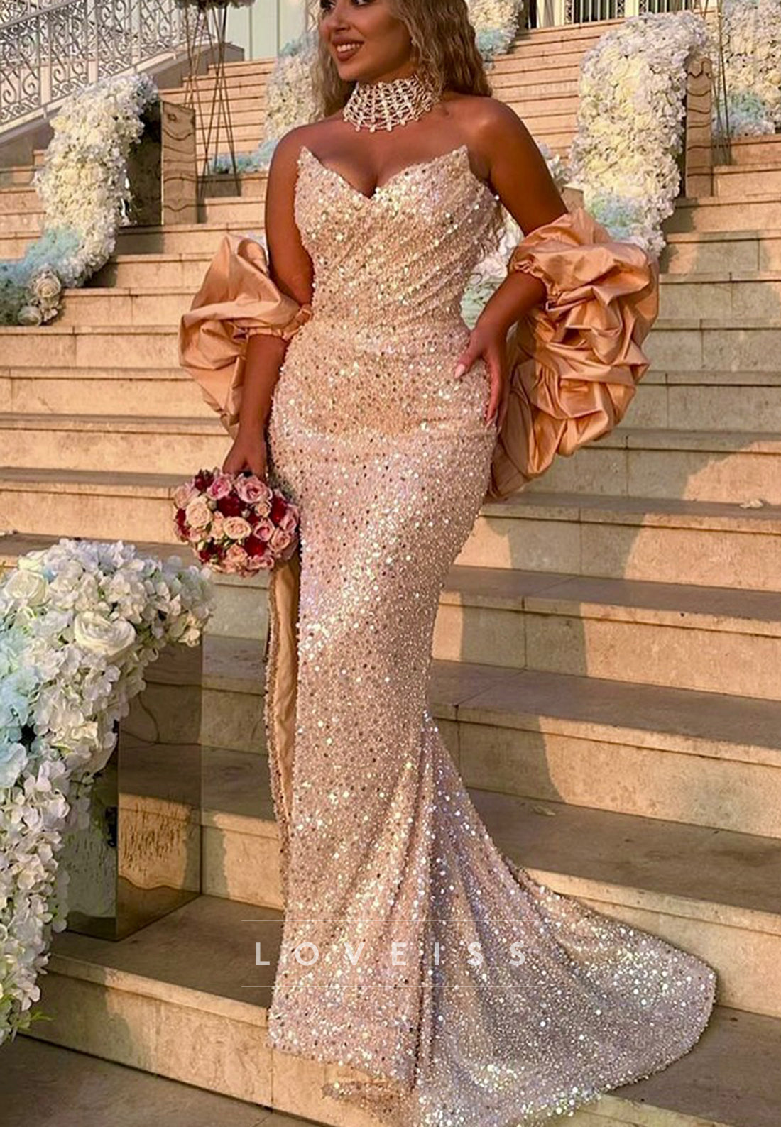 Sweetheart Sequins Embroidery Sparkly Mermaid Prom Dress