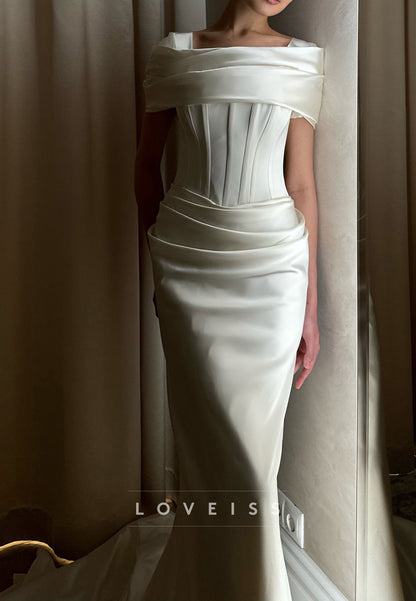 Square Short Sleeves Pleated Sleek Satin Sheath Wedding Dress