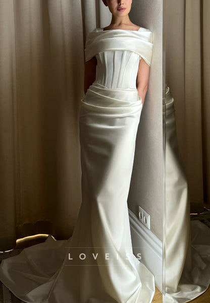 Square Short Sleeves Pleated Sleek Satin Sheath Wedding Dress