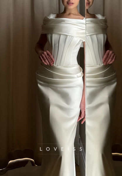 Square Short Sleeves Pleated Sleek Satin Sheath Wedding Dress