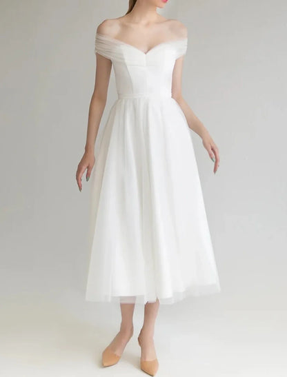 Bridal Shower Little White Dresses Wedding Dresses A-Line Off Shoulder Sleeveless Tea Length Satin Bridal Gowns With Solid Color