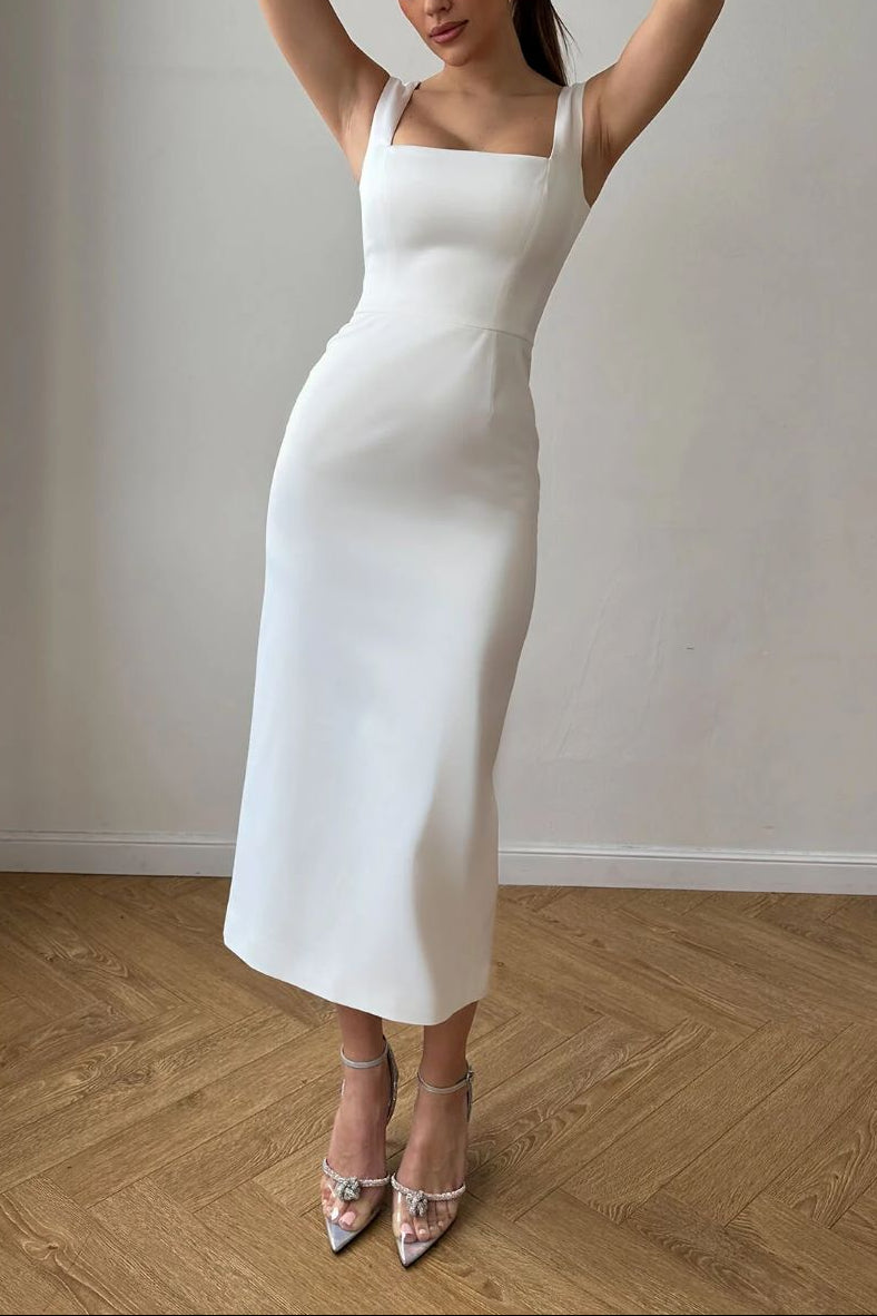 Column Midi Length Wedding Gown with Wide Straps
