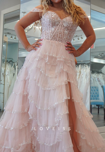 Off-Shoulder Appliques Sequins Tiered A-Line Prom Dress