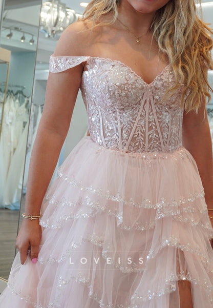 Off-Shoulder Appliques Sequins Tiered A-Line Prom Dress