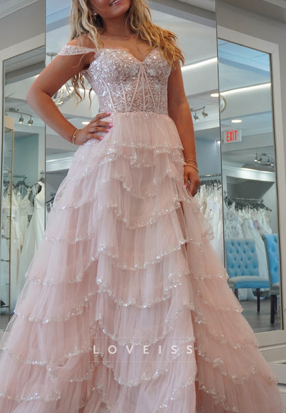 Off-Shoulder Appliques Sequins Tiered A-Line Prom Dress