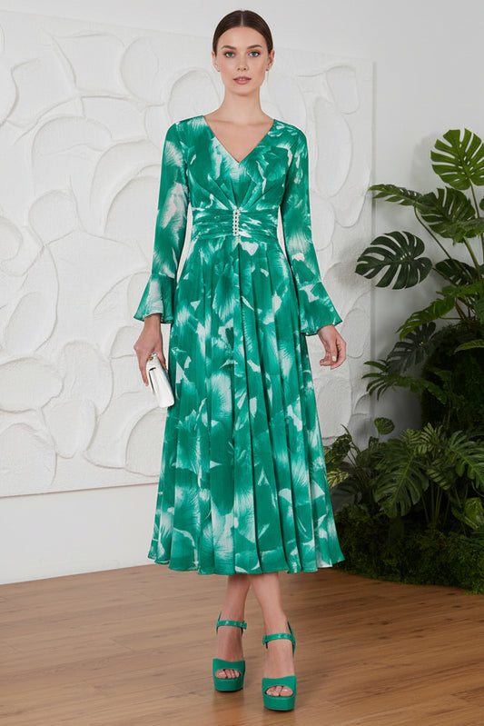 V-Neck Long Sleeves Printed A-Line Mother of Bride Dress