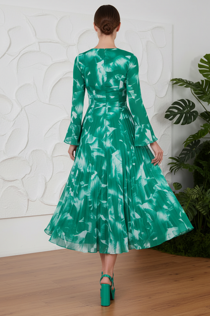 V-Neck Long Sleeves Printed A-Line Mother of Bride Dress