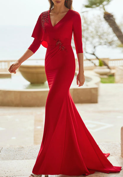 V-Neck Half Sleeves Appliques Mermaid Mother of Bride Dress