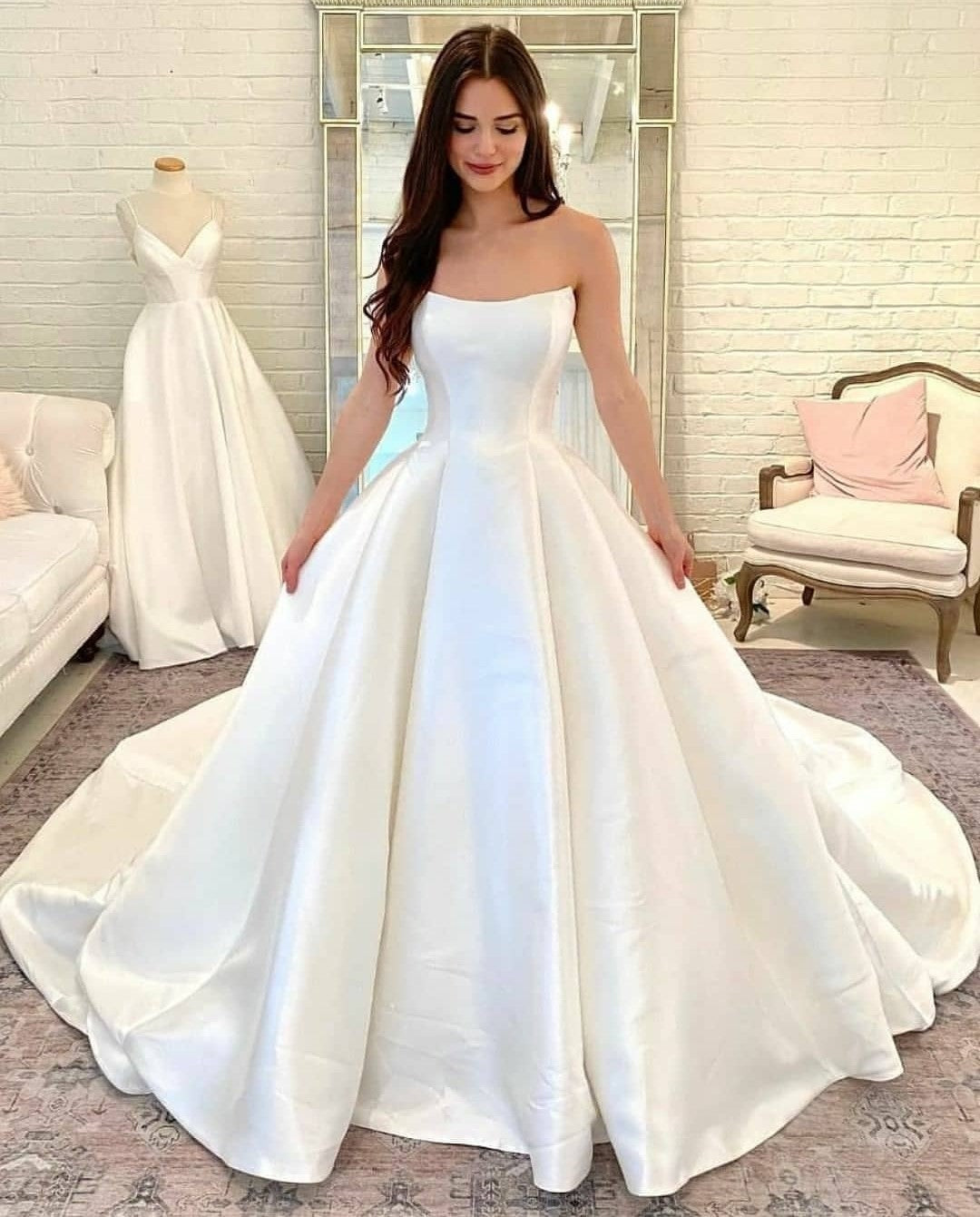 Curved Strapless Satin Bridal Gown Chapel Train
