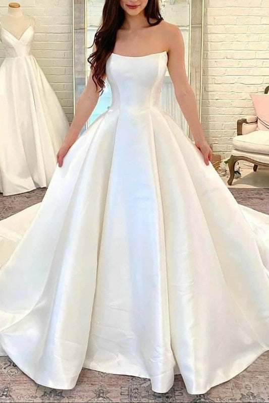 Curved Strapless Satin Bridal Gown Chapel Train