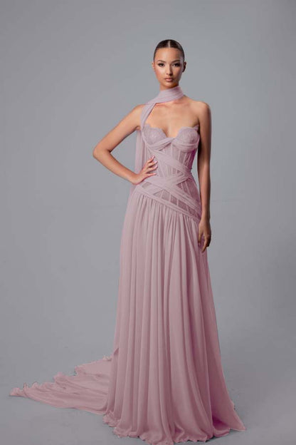 Lussooy Beautiful Chiffon Pink Print Sweetheart Sleeveless Long Split Prom Dress with Pleated