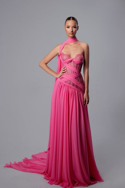 Lussooy Beautiful Chiffon Pink Print Sweetheart Sleeveless Long Split Prom Dress with Pleated