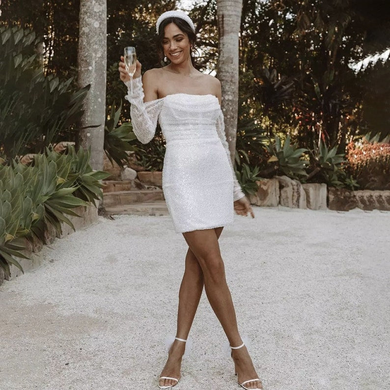 Mini wedding dresses, Shiney fitted white short bridal dress, Beaded Engagement Bridal dress, Long Sheer Sleeves white dress