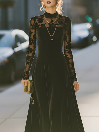 Black Velvet Floral Embroidered Midi Dress