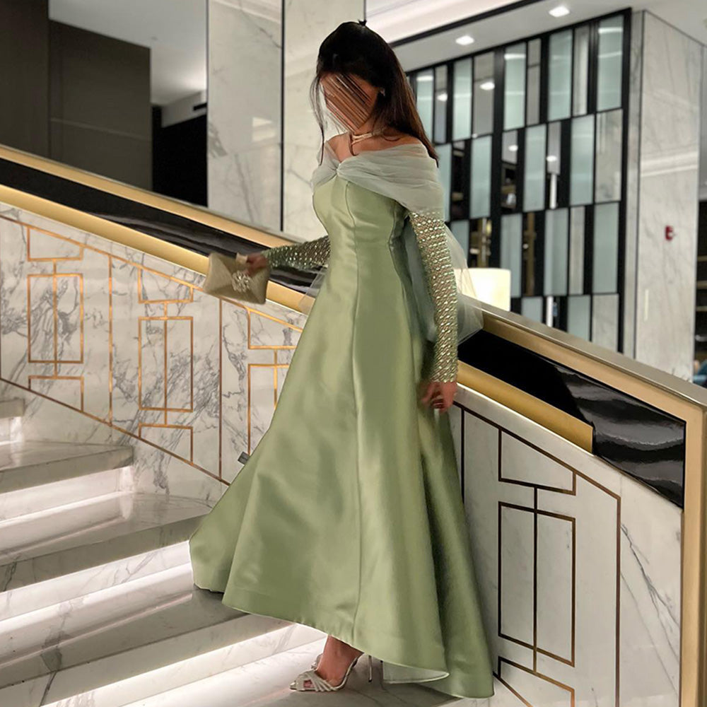 Dreamy Vow Sage Green Crystal Luxury Dubai Evening Dresses for Women Wedding Party Gold Black Long Sleeve Gala Prom Dress 362