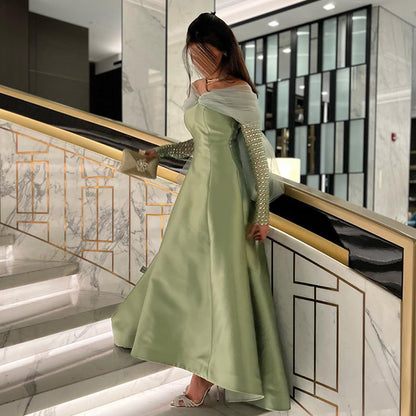Dreamy Vow Sage Green Crystal Luxury Dubai Evening Dresses for Women Wedding Party Gold Black Long Sleeve Gala Prom Dress 362