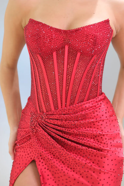 Gorgeous Mermaid Scoop Neck Red Satin Slit Prom Dress with Hot Stone