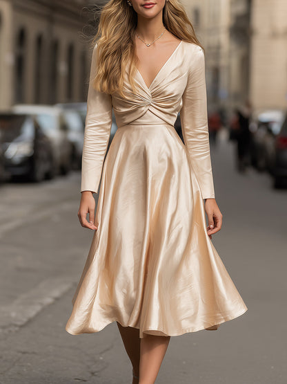 Champagne Satin Twist-Front Midi Dress