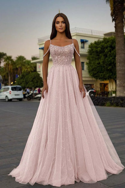 Tulle A-Line Long Spaghetti-Straps Prom Dress With Sequins Beads
