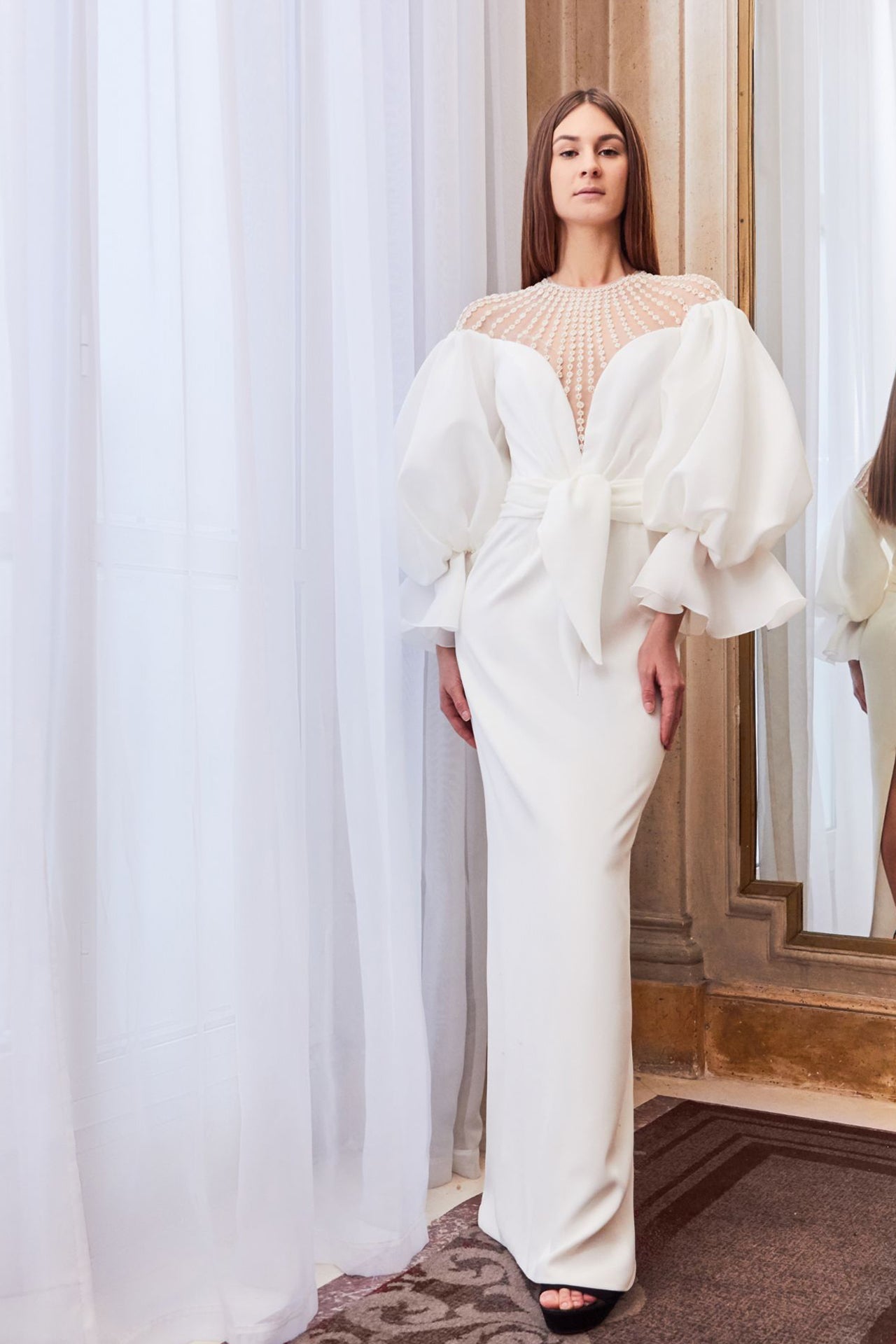 Horizontally beaded neckline puff sleeves organza dress