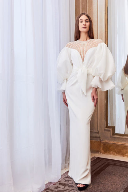 Horizontally beaded neckline puff sleeves organza dress