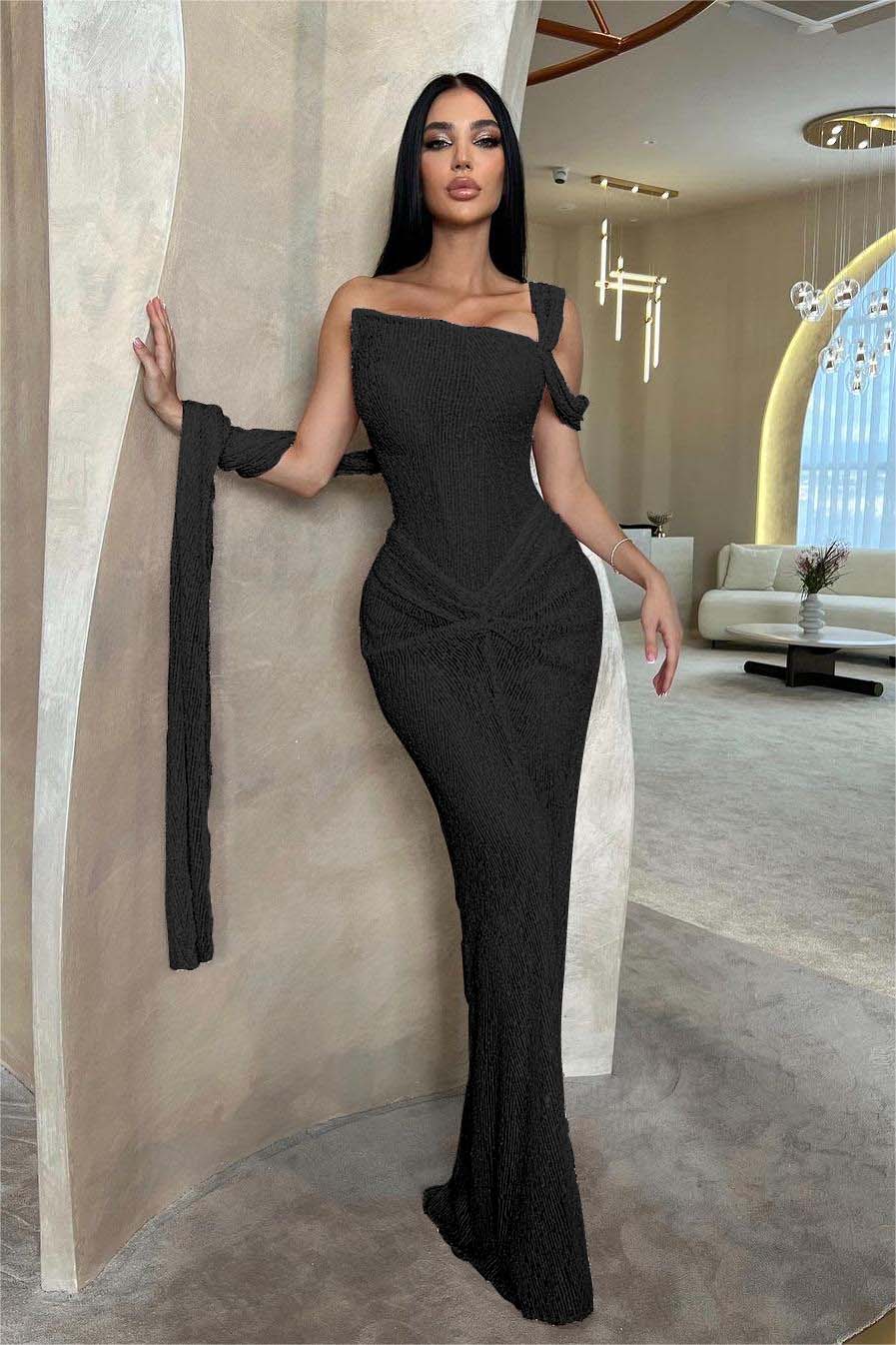 Lussooy Sage Shinning One Shoulder Sequins Sleeveless Split Prom Dress with Pleated