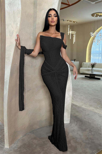 Lussooy Sage Shinning One Shoulder Sequins Sleeveless Split Prom Dress with Pleated