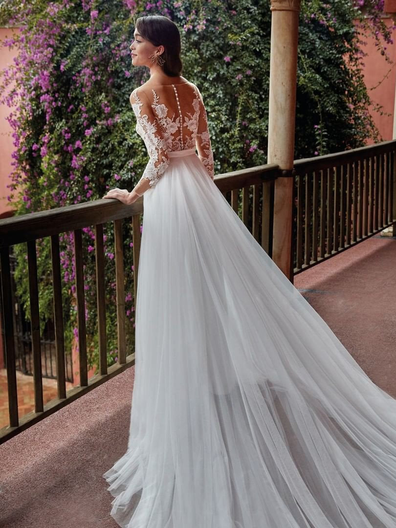 Neosepa-Lace Floral Long Sleeve Elegant Wedding Jumpsuit With Mesh Long Train